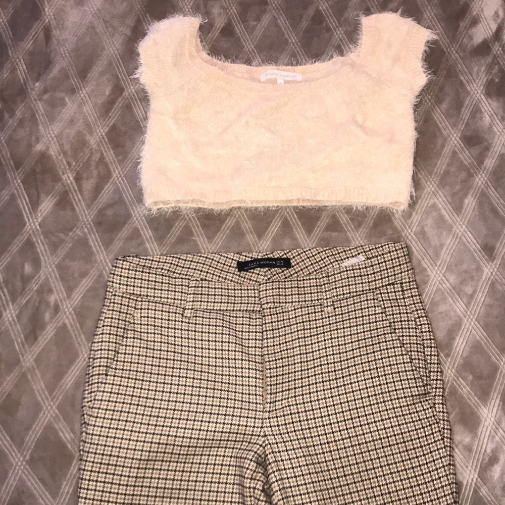 OUTFIT: Fuzzy top and plaid trouser